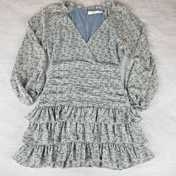 ASTR The Label Tiered Ruffle Mini Dress Women's Size Medium Blue Multi Floral - Picture 4 of 16